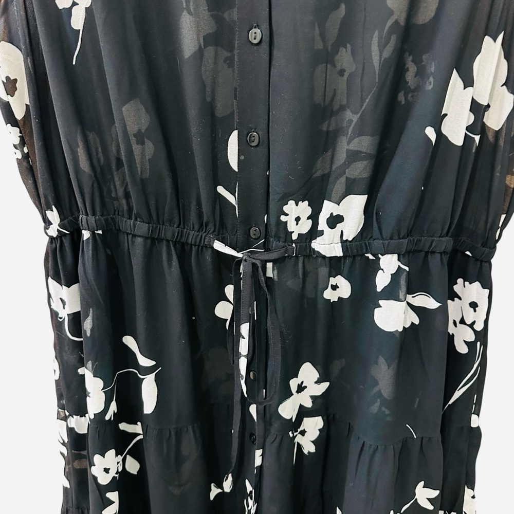 Wayward Fancies sheer sleeveless black white floral button down tiered dress - Picture 6 of 10